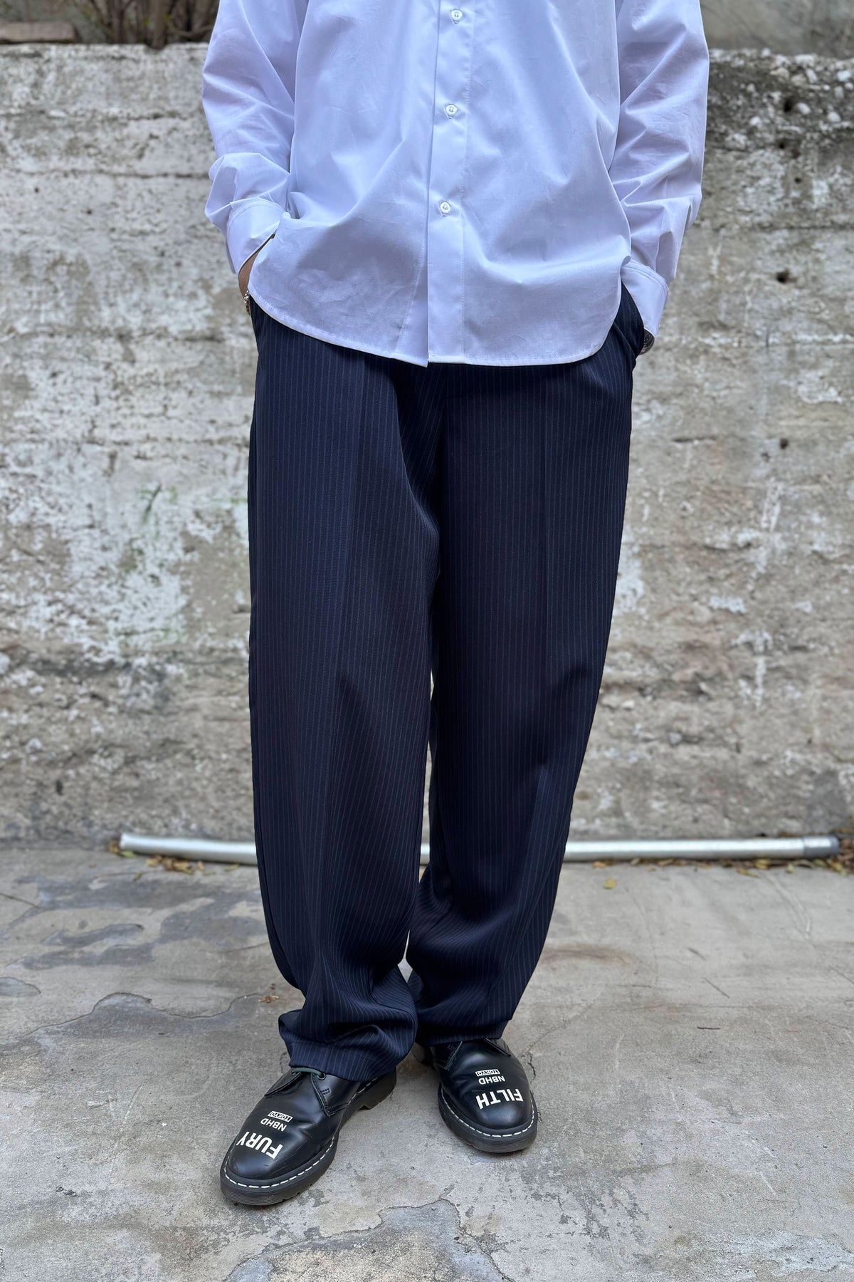 Goodfight Florider Trouser Creased Navy Pinstripe